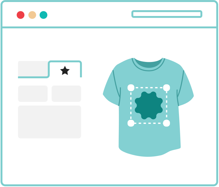 Design maker interface showing a teal t-shirt with a customisable design area and options panel