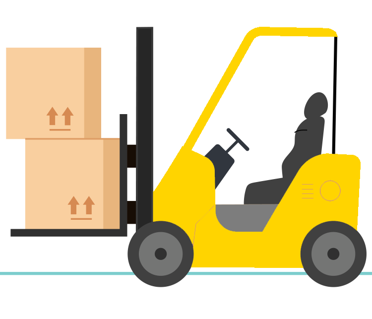 Yellow forklift carrying two cardboard boxes ready for shipping