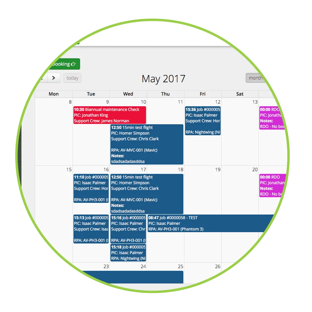 AVCRM booking calendar for scheduling aircraft and pilots