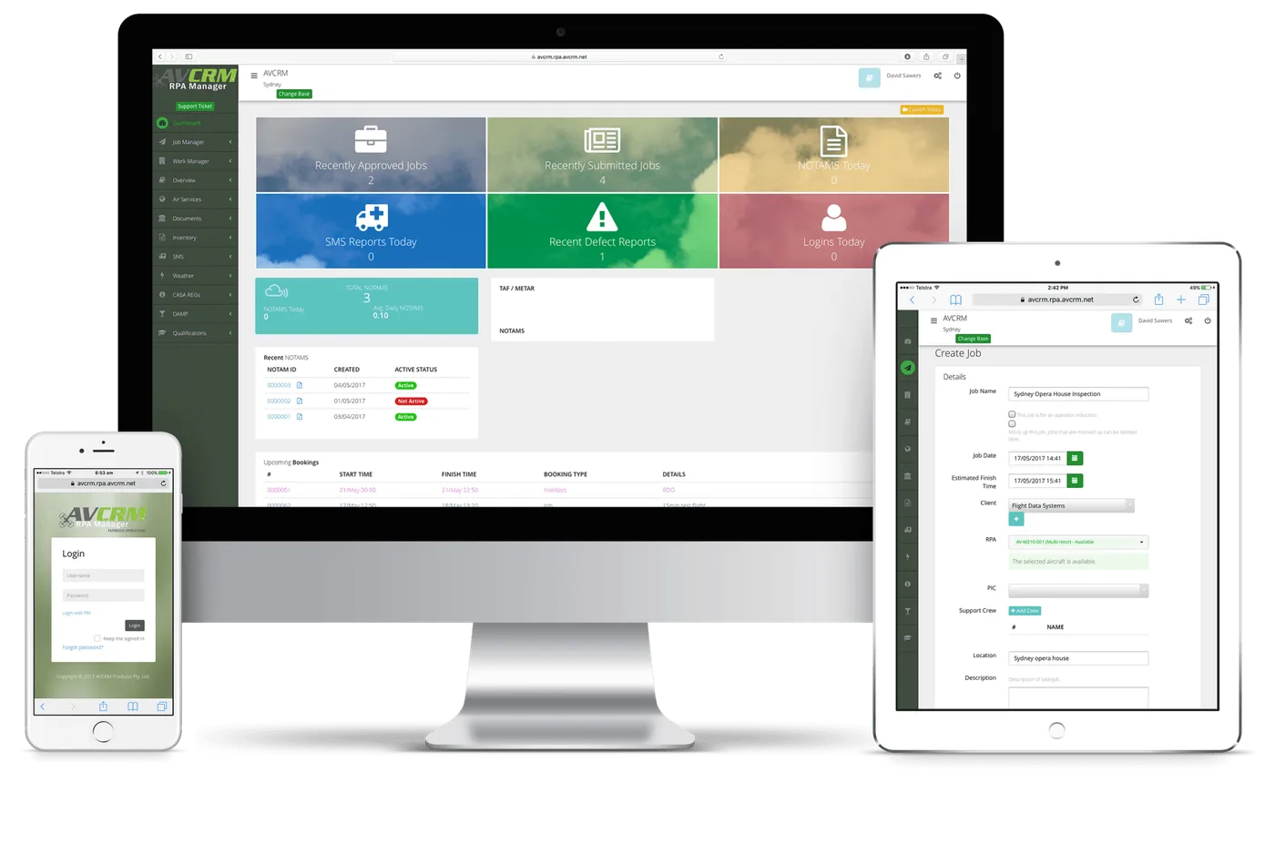 AVCRM RPA Manager shown across desktop, tablet and mobile devices