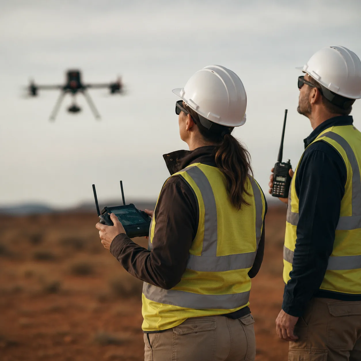 Drone pilot using an Icom airband handheld radio in the field