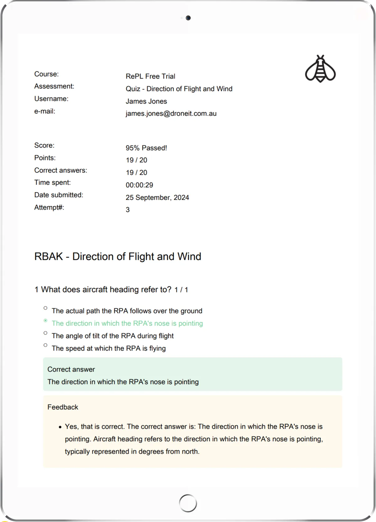 RePL free trial quiz and Knowledge Deficiency Report shown on a tablet